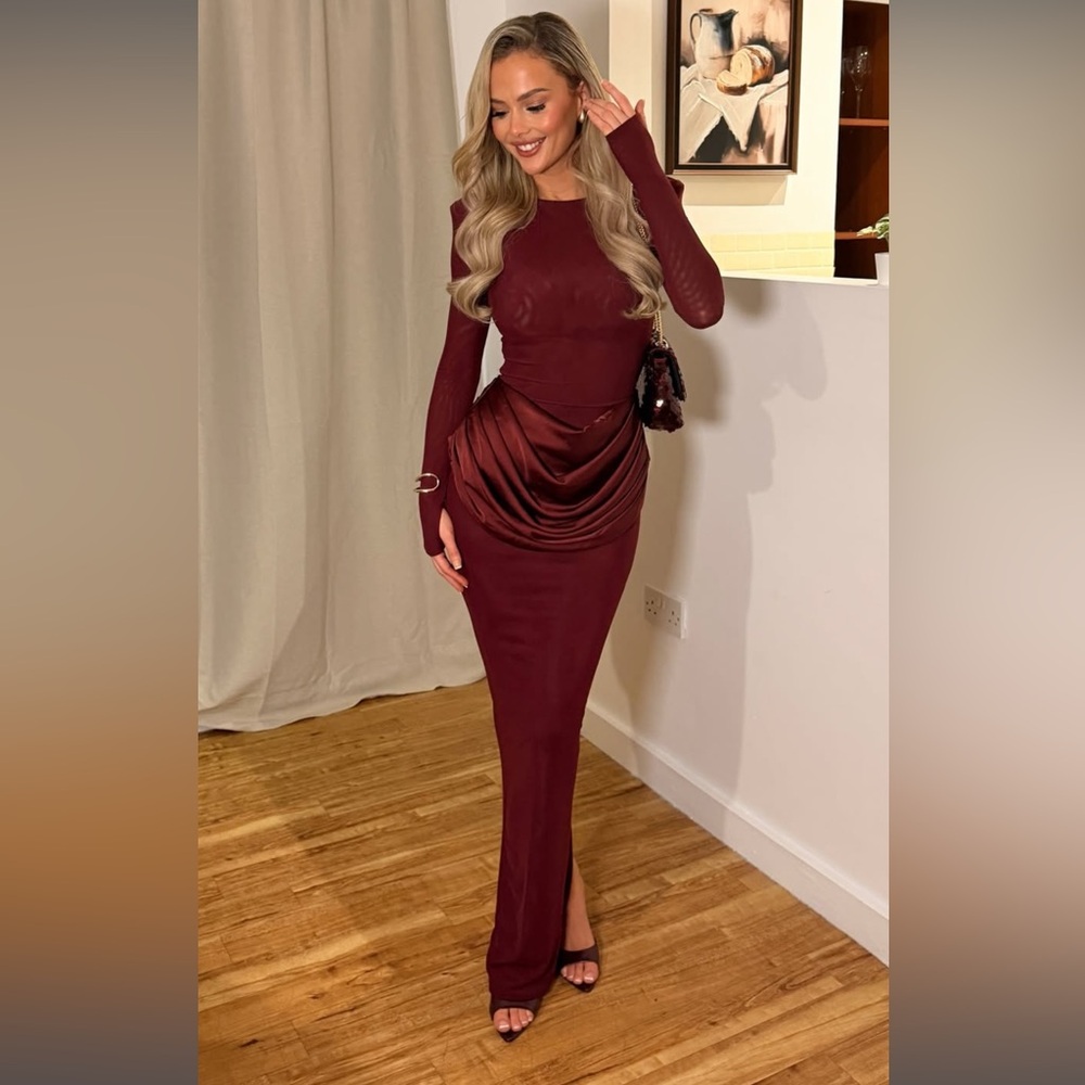 ASOS - Wanderdoll burgundy long sleeve Eman dress mesh maxi dress draped waist - Picture 11 of 14